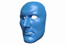 A blue 3D model of an animated face