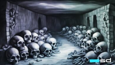 A drawing of bones in the Catacombs of Paris