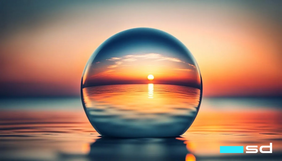 A reflective sphere on a beach at sunset