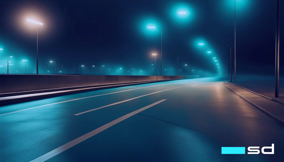 A dimly lit highway at night, with many street lights providing a teal hue
