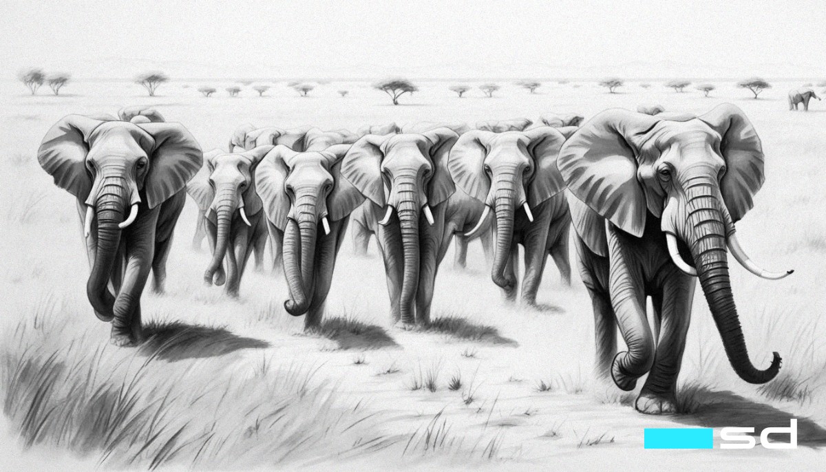 Black-and-white drawing of an elephant stampede