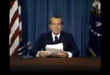 Screencap of deepfaked RIchard Nixon giving his speech