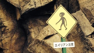 A crossing sign with an alien drawn on it