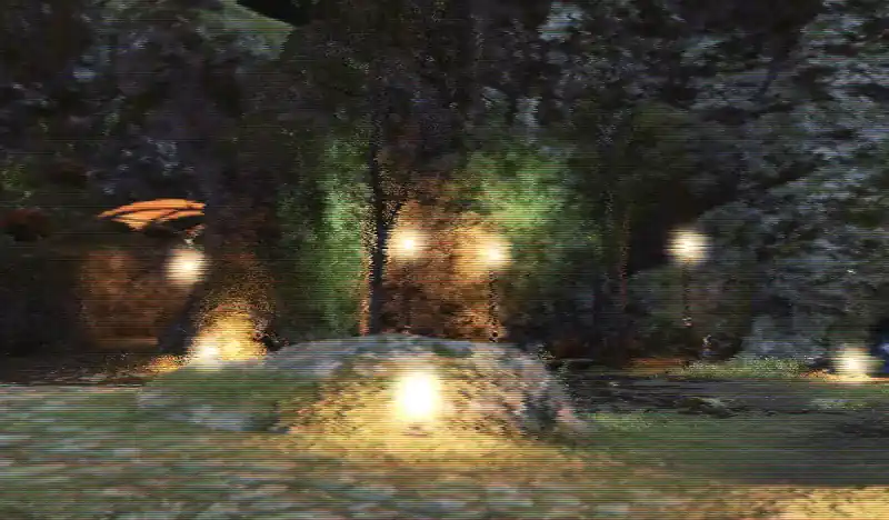 A distorted outside view of streetlamps in Gridnia